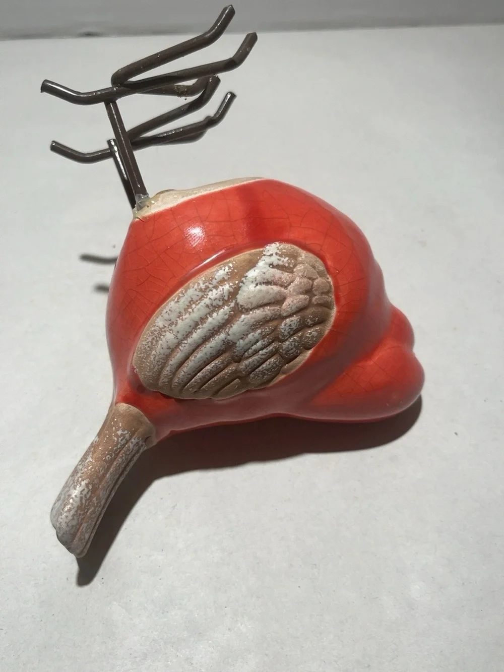 Red Ceramic Cardinal Bird Figurine Crackle Glaze Metal Wire Legs Rustic Decor